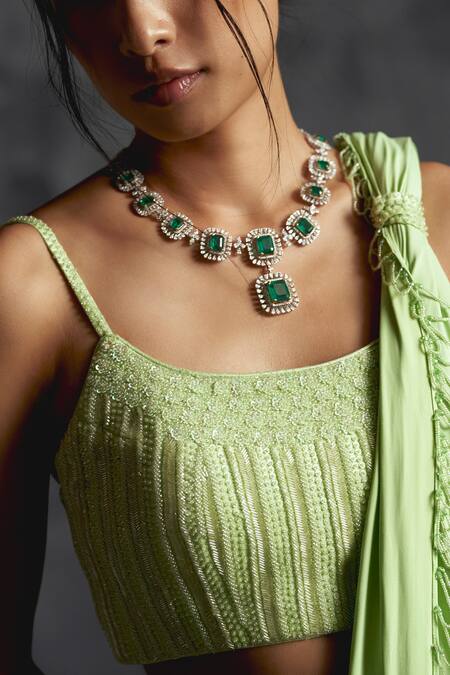 Buy Manika Nanda Green Silk, Lycra Beads, Tassel Embellished Border Pre-draped Saree With Blouse Online at Aza Fashions Buy_Manika Nanda_Green Silk, Lycra Beads, Tassel Embellished Border Pre-draped Saree With Blouse _Online_at_Aza_Fashions