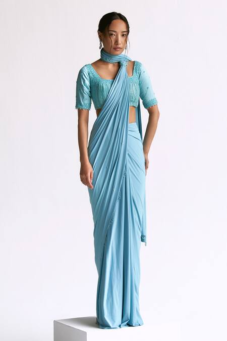 Manika Nanda_Blue Silk, Lycra Beads, Scallop Tassel Border Pre-draped Saree With Blouse _Online_at_Aza_Fashions