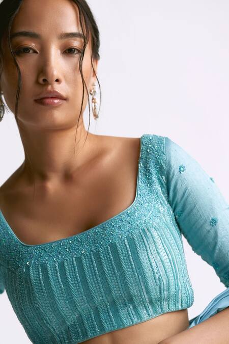 Buy_Manika Nanda_Blue Silk, Lycra Beads, Scallop Tassel Border Pre-draped Saree With Blouse _Online_at_Aza_Fashions