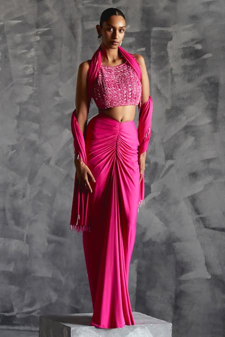 Manika Nanda Pink Raw Silk Embroidery Sequin Halter Neck Florence Blouse Draped Skirt Set 