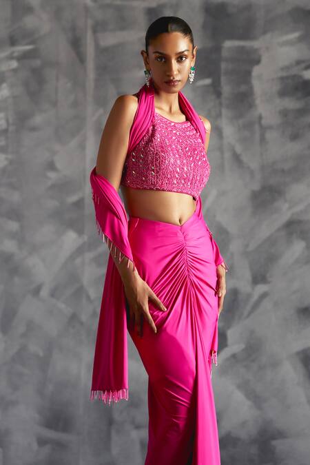 Manika Nanda Pink Silk, Lycra Sequins, Tassels Florence Embroidered Blouse Draped Skirt Set Online at Aza Fashions Manika Nanda_Pink Silk, Lycra Sequins, Tassels Florence Embroidered Blouse Draped Skirt Set _Online_at_Aza_Fashions