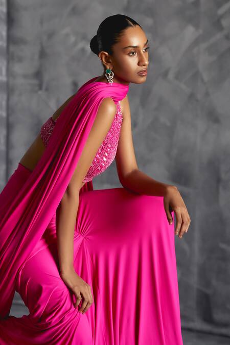 Buy Manika Nanda Pink Silk, Lycra Sequins, Tassels Florence Embroidered Blouse Draped Skirt Set Online at Aza Fashions Buy_Manika Nanda_Pink Silk, Lycra Sequins, Tassels Florence Embroidered Blouse Draped Skirt Set _Online_at_Aza_Fashions