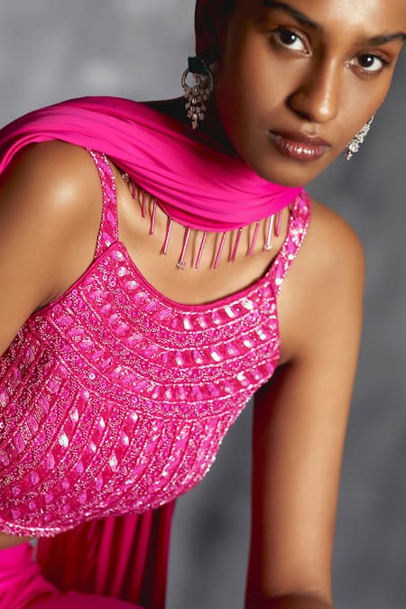 Shop Manika Nanda Pink Silk, Lycra Sequins, Tassels Florence Embroidered Blouse Draped Skirt Set Online at Aza Fashions Shop_Manika Nanda_Pink Silk, Lycra Sequins, Tassels Florence Embroidered Blouse Draped Skirt Set _Online_at_Aza_Fashions