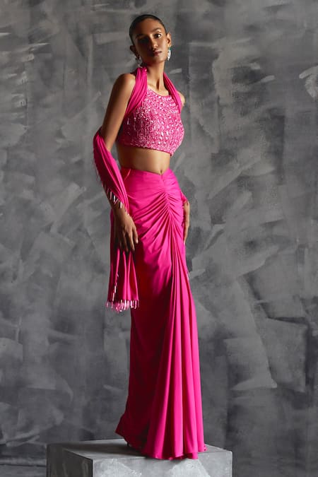 Manika Nanda Pink Silk, Lycra Sequins, Tassels Florence Embroidered Blouse Draped Skirt Set at Aza Fashions Manika Nanda_Pink Silk, Lycra Sequins, Tassels Florence Embroidered Blouse Draped Skirt Set _at_Aza_Fashions