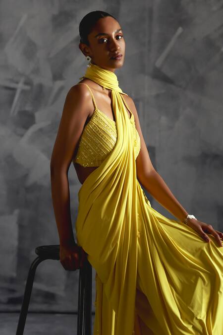 Shop Manika Nanda Yellow Silk, Lycra Flora Embroidered Blouse With Tassel Border Pre-draped Saree Online at Aza Fashions Shop_Manika Nanda_Yellow Silk, Lycra Flora Embroidered Blouse With Tassel Border Pre-draped Saree _Online_at_Aza_Fashions