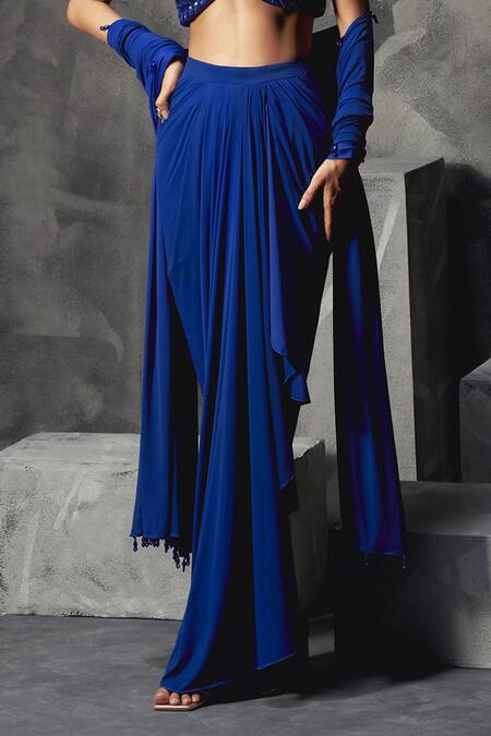 Manika Nanda Blue Silk, Lycra Sequins, Cut Gardenia Embroidered Blouse Draped Skirt Set Online at Aza Fashions Manika Nanda_Blue Silk, Lycra Sequins, Cut Gardenia Embroidered Blouse Draped Skirt Set _Online_at_Aza_Fashions