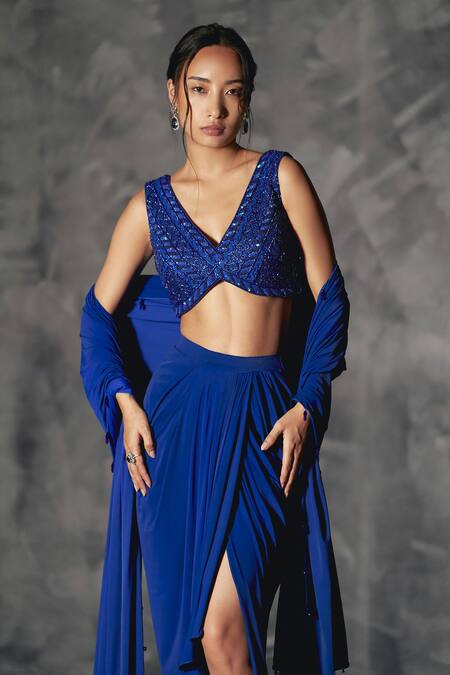 Buy Manika Nanda Blue Silk, Lycra Sequins, Cut Gardenia Embroidered Blouse Draped Skirt Set Online at Aza Fashions Buy_Manika Nanda_Blue Silk, Lycra Sequins, Cut Gardenia Embroidered Blouse Draped Skirt Set _Online_at_Aza_Fashions