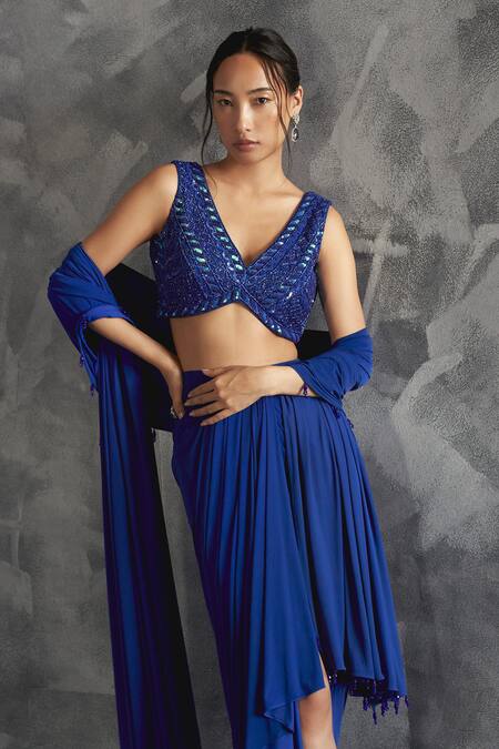 Buy Manika Nanda Blue Silk, Lycra Sequins, Cut Gardenia Embroidered Blouse Draped Skirt Set Buy_Manika Nanda_Blue Silk, Lycra Sequins, Cut Gardenia Embroidered Blouse Draped Skirt Set