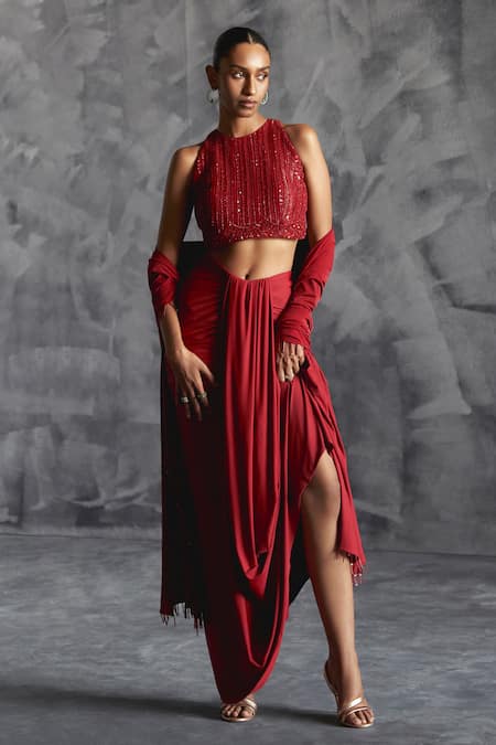 Manika Nanda Red Raw Silk Embroidery Sequin Halter Rose Gardenia Blouse Draped Skirt Set 