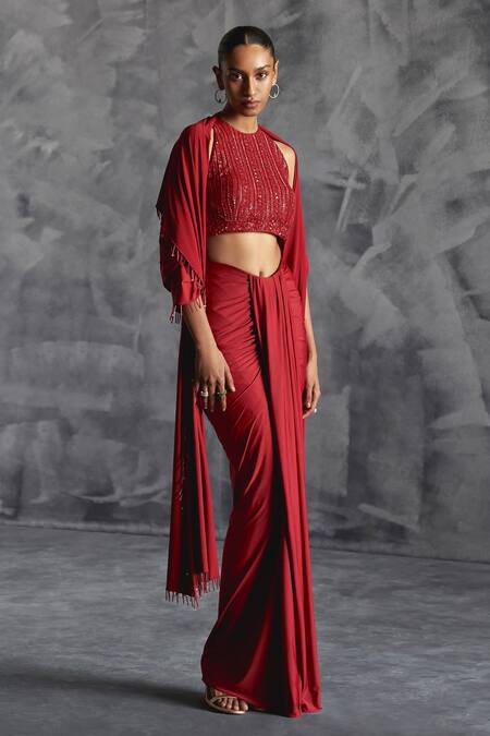 Manika Nanda Red Silk, Lycra Sequins, Cut Rose Gardenia Embroidered Blouse Draped Skirt Set Online at Aza Fashions Manika Nanda_Red Silk, Lycra Sequins, Cut Rose Gardenia Embroidered Blouse Draped Skirt Set _Online_at_Aza_Fashions