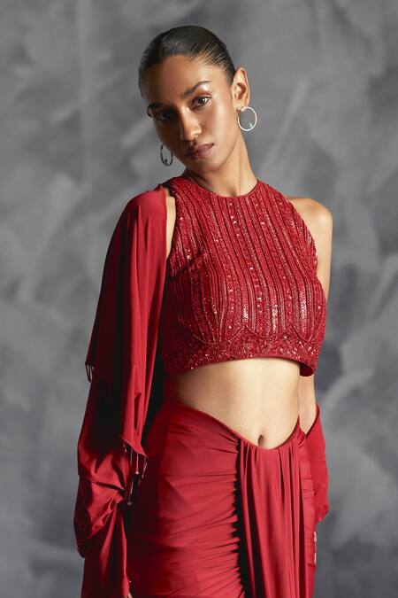 Shop Manika Nanda Red Silk, Lycra Sequins, Cut Rose Gardenia Embroidered Blouse Draped Skirt Set Online at Aza Fashions Shop_Manika Nanda_Red Silk, Lycra Sequins, Cut Rose Gardenia Embroidered Blouse Draped Skirt Set _Online_at_Aza_Fashions