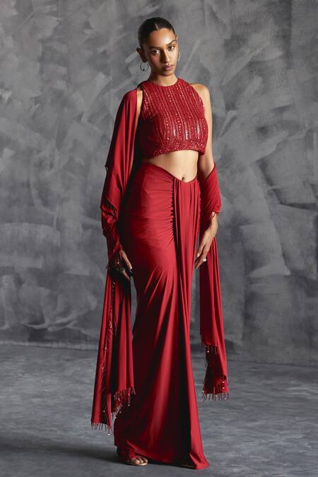 Manika Nanda Red Silk, Lycra Sequins, Cut Rose Gardenia Embroidered Blouse Draped Skirt Set at Aza Fashions Manika Nanda_Red Silk, Lycra Sequins, Cut Rose Gardenia Embroidered Blouse Draped Skirt Set _at_Aza_Fashions