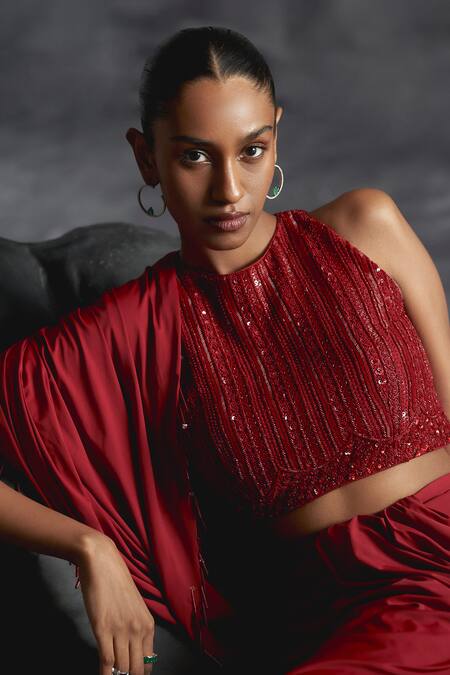 Buy Manika Nanda Red Silk, Lycra Sequins, Cut Rose Gardenia Embroidered Blouse Draped Skirt Set Buy_Manika Nanda_Red Silk, Lycra Sequins, Cut Rose Gardenia Embroidered Blouse Draped Skirt Set