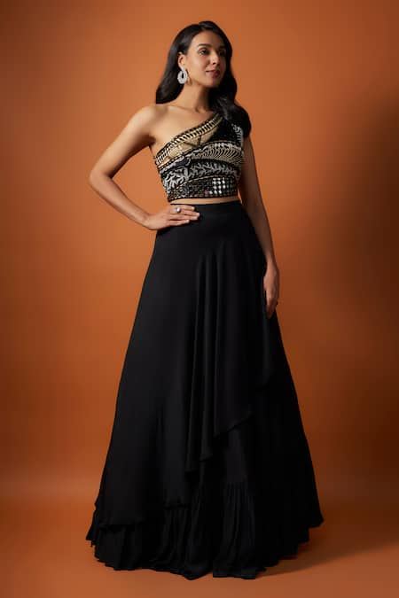 Mehak Murpana Black Crepe Embroidery Thread Asymmetric One Shoulder Choli And Skirt Set 