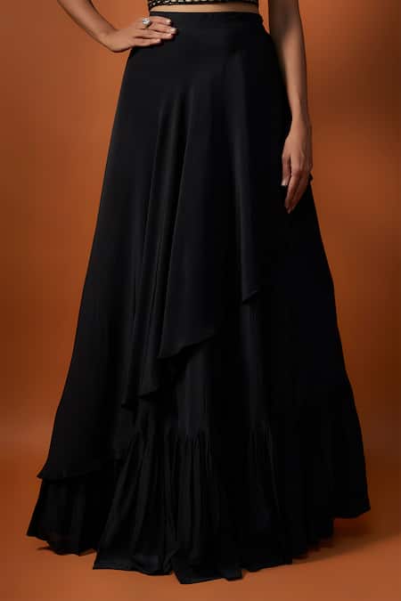 Mehak Murpana_Black Crepe Pearls, Mirrors One Shoulder Embroidered Choli And Skirt Set _Online_at_Aza_Fashions