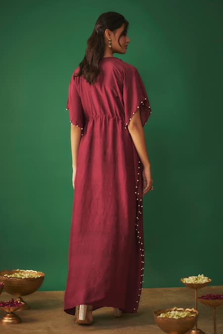 Shop Mehak Murpana Red Crepe Mirrors, Pearls V-neck Neckline Embroidered Kaftan at Aza Fashions Shop_Mehak Murpana_Red Crepe Mirrors, Pearls V-neck Neckline Embroidered Kaftan _at_Aza_Fashions