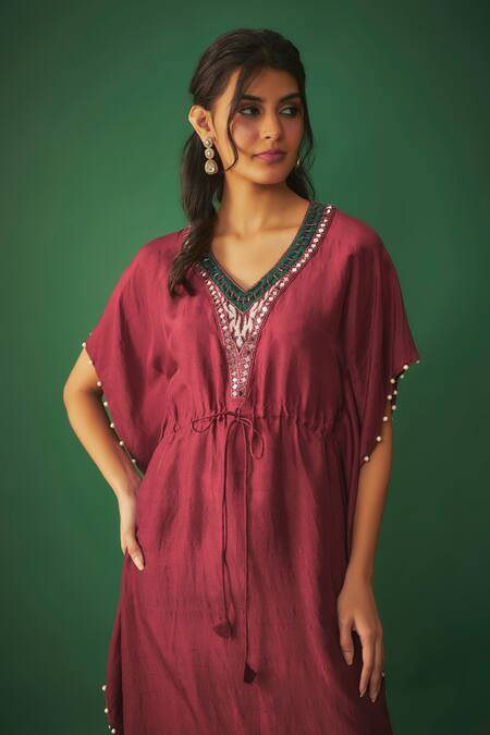 Mehak Murpana Red Crepe Mirrors, Pearls V-neck Neckline Embroidered Kaftan Online at Aza Fashions Mehak Murpana_Red Crepe Mirrors, Pearls V-neck Neckline Embroidered Kaftan _Online_at_Aza_Fashions