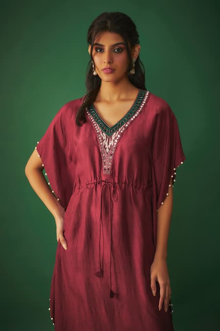 Buy Mehak Murpana Red Crepe Mirrors, Pearls V-neck Neckline Embroidered Kaftan Online at Aza Fashions Buy_Mehak Murpana_Red Crepe Mirrors, Pearls V-neck Neckline Embroidered Kaftan _Online_at_Aza_Fashions