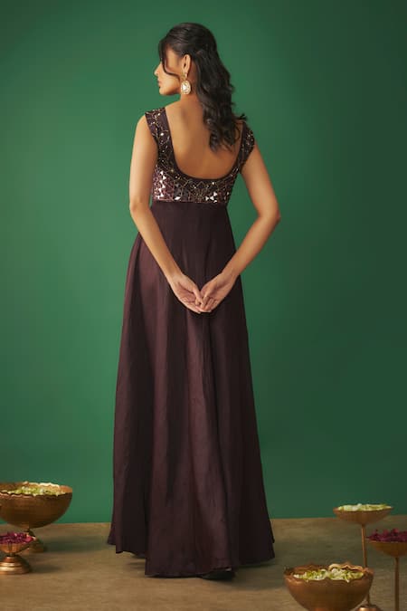 Shop Mehak Murpana Wine Satin, Linen Cut Work, Mirrors, Embroidery Anarkali With Ruffle Dupatta at Aza Fashions Shop_Mehak Murpana_Wine Satin, Linen Cut Work, Mirrors, Embroidery Anarkali With Ruffle Dupatta _at_Aza_Fashions