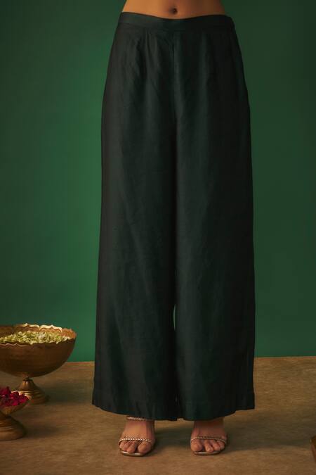 Shop Mehak Murpana Green Satin, Linen Zari Floral Placement Embroidered Kurta And Flared Pant Set Shop_Mehak Murpana_Green Satin, Linen Zari Floral Placement Embroidered Kurta And Flared Pant Set