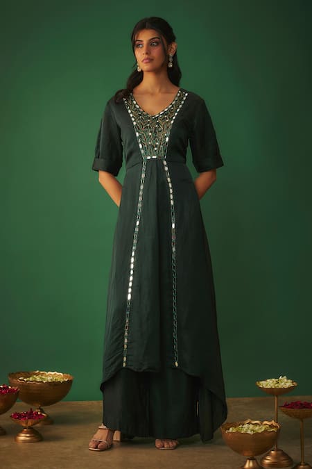 Mehak Murpana Green Satin Linen Embroidery Mirror V Neck Work Kurta And Flared Pant Set 