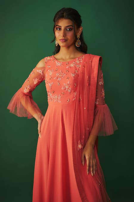 Mehak Murpana_Pink Georgette Sequins, Cut Work, Embroidery Boat Floral Anarkali With Dupatta _Online_at_Aza_Fashions