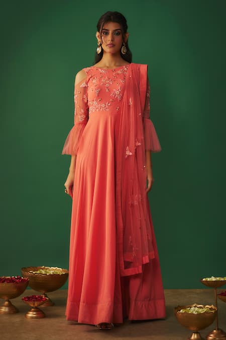 Buy_Mehak Murpana_Pink Georgette Sequins, Cut Work, Embroidery Boat Floral Anarkali With Dupatta _Online_at_Aza_Fashions