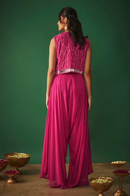 Shop Mehak Murpana Pink Georgette Embroidery, Mirrors, Cut Work Open Cropped Jacket Dhoti Pant Set at Aza Fashions Shop_Mehak Murpana_Pink Georgette Embroidery, Mirrors, Cut Work Open Cropped Jacket Dhoti Pant Set _at_Aza_Fashions