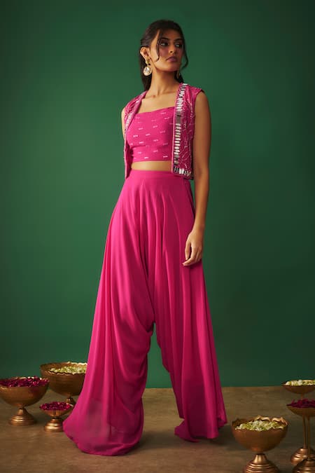 Mehak Murpana Pink Georgette Embroidery, Mirrors, Cut Work Open Cropped Jacket Dhoti Pant Set Online at Aza Fashions Mehak Murpana_Pink Georgette Embroidery, Mirrors, Cut Work Open Cropped Jacket Dhoti Pant Set _Online_at_Aza_Fashions