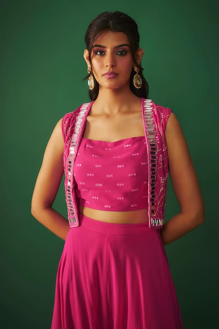 Buy Mehak Murpana Pink Georgette Embroidery, Mirrors, Cut Work Open Cropped Jacket Dhoti Pant Set Online at Aza Fashions Buy_Mehak Murpana_Pink Georgette Embroidery, Mirrors, Cut Work Open Cropped Jacket Dhoti Pant Set _Online_at_Aza_Fashions