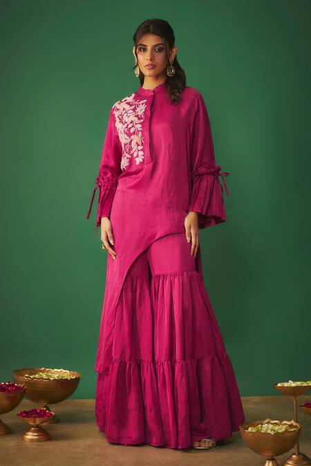 Mehak Murpana Magenta Satin, Linen Beads, Cut Work Asymmetric Embroidered Kurta And Sharara Set Online at Aza Fashions Mehak Murpana_Magenta Satin, Linen Beads, Cut Work Asymmetric Embroidered Kurta And Sharara Set _Online_at_Aza_Fashions