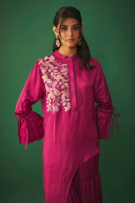 Buy Mehak Murpana Magenta Satin, Linen Beads, Cut Work Asymmetric Embroidered Kurta And Sharara Set Online at Aza Fashions Buy_Mehak Murpana_Magenta Satin, Linen Beads, Cut Work Asymmetric Embroidered Kurta And Sharara Set _Online_at_Aza_Fashions