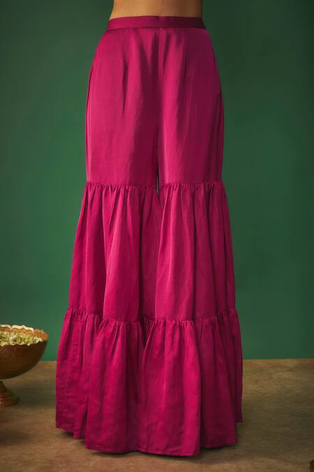 Shop Mehak Murpana Magenta Satin, Linen Beads, Cut Work Asymmetric Embroidered Kurta And Sharara Set Online at Aza Fashions Shop_Mehak Murpana_Magenta Satin, Linen Beads, Cut Work Asymmetric Embroidered Kurta And Sharara Set _Online_at_Aza_Fashions