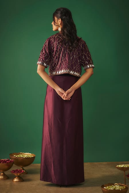 Shop_Mehak Murpana_Wine Silk, Satin Mirrors, Cut Work Round Neck, Cropped Jacket Dhoti Skirt Set _at_Aza_Fashions