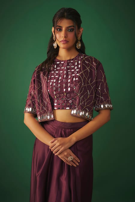 Mehak Murpana_Wine Silk, Satin Mirrors, Cut Work Round Neck, Cropped Jacket Dhoti Skirt Set _Online_at_Aza_Fashions