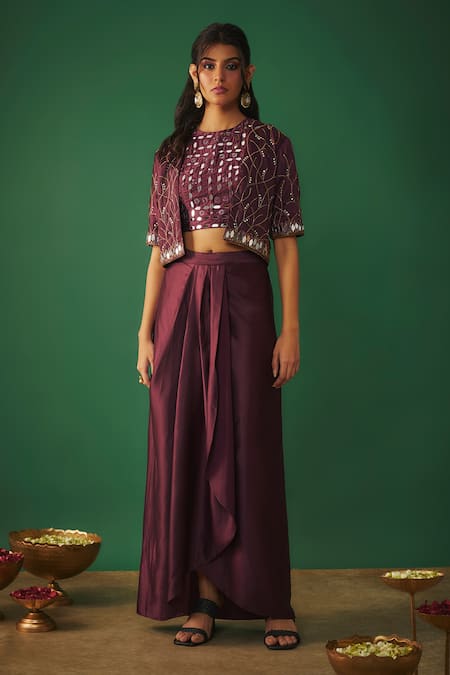 Buy_Mehak Murpana_Wine Silk, Satin Mirrors, Cut Work Round Neck, Cropped Jacket Dhoti Skirt Set _Online_at_Aza_Fashions