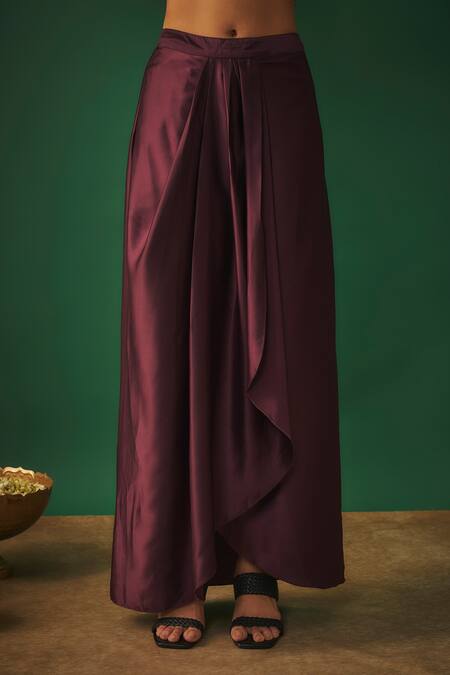 Shop_Mehak Murpana_Wine Silk, Satin Mirrors, Cut Work Round Neck, Cropped Jacket Dhoti Skirt Set _Online_at_Aza_Fashions