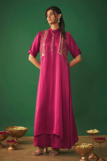 Mehak Murpana Magenta Satin Linen Embroidery Mirror Asymmetric Kurta And Flared Pant Set 