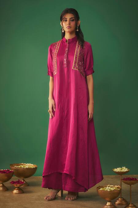 Mehak Murpana_Magenta Satin, Linen Mirrors, Cut Embroidered Asymmetric Kurta And Flared Pant Set _Online_at_Aza_Fashions