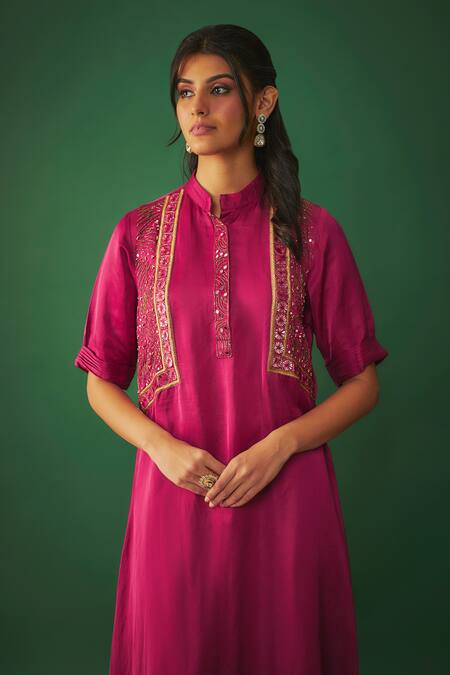 Buy_Mehak Murpana_Magenta Satin, Linen Mirrors, Cut Embroidered Asymmetric Kurta And Flared Pant Set _Online_at_Aza_Fashions