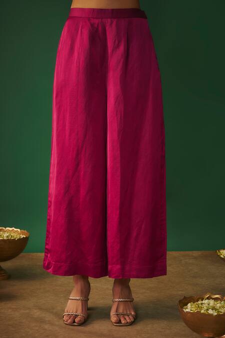 Mehak Murpana_Magenta Satin, Linen Zari, Embroidery Floral Pattern Kurta And Flared Pant Set _Online_at_Aza_Fashions