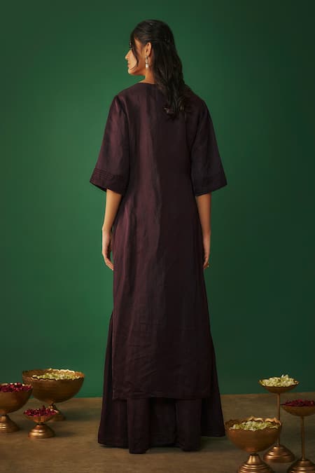 Shop Mehak Murpana Wine Satin, Linen Zari, Sequins, Beads Embroidered High Low Kurta And Sharara Set at Aza Fashions Shop_Mehak Murpana_Wine Satin, Linen Zari, Sequins, Beads Embroidered High Low Kurta And Sharara Set _at_Aza_Fashions