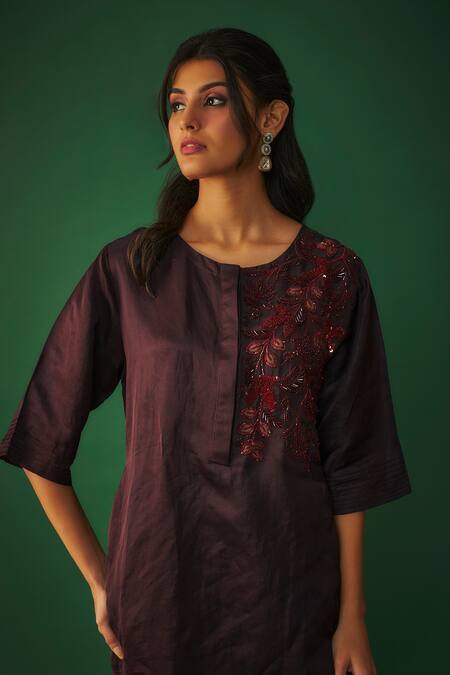 Mehak Murpana Wine Satin, Linen Zari, Sequins, Beads Embroidered High Low Kurta And Sharara Set Online at Aza Fashions Mehak Murpana_Wine Satin, Linen Zari, Sequins, Beads Embroidered High Low Kurta And Sharara Set _Online_at_Aza_Fashions