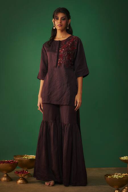 Shop Mehak Murpana Wine Satin, Linen Zari, Sequins, Beads Embroidered High Low Kurta And Sharara Set Online at Aza Fashions Shop_Mehak Murpana_Wine Satin, Linen Zari, Sequins, Beads Embroidered High Low Kurta And Sharara Set _Online_at_Aza_Fashions