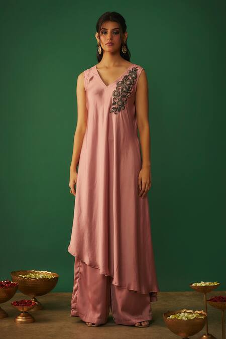 Shop Mehak Murpana Pink Silk, Satin Zari Zardozi Placement Embroidered Kurta And Flared Pant Set Online at Aza Fashions Shop_Mehak Murpana_Pink Silk, Satin Zari Zardozi Placement Embroidered Kurta And Flared Pant Set _Online_at_Aza_Fashions