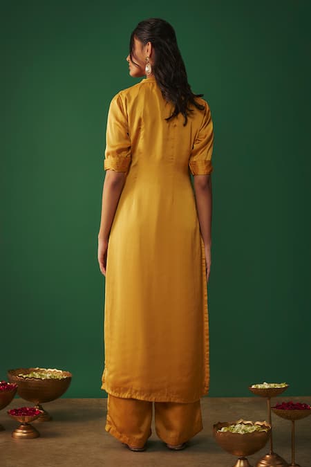 Shop Mehak Murpana Yellow Silk, Satin Mirrors Mandarin Collar Mukaish Work Kurta And Pant Set at Aza Fashions Shop_Mehak Murpana_Yellow Silk, Satin Mirrors Mandarin Collar Mukaish Work Kurta And Pant Set _at_Aza_Fashions