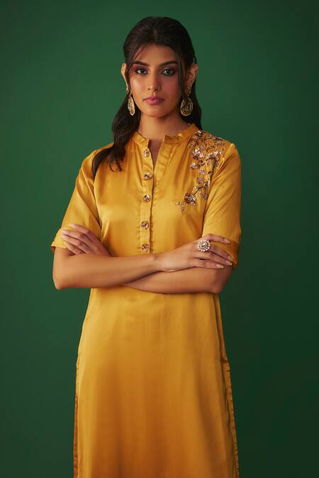 Shop Mehak Murpana Yellow Silk, Satin Mirrors Mandarin Collar Mukaish Work Kurta And Pant Set Online at Aza Fashions Shop_Mehak Murpana_Yellow Silk, Satin Mirrors Mandarin Collar Mukaish Work Kurta And Pant Set _Online_at_Aza_Fashions