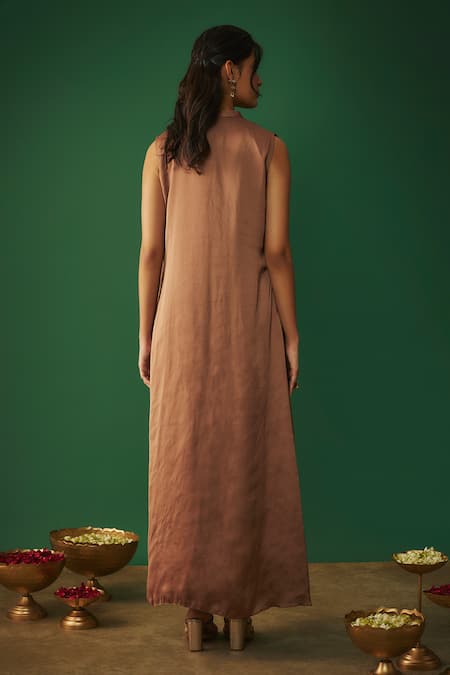 Shop_Mehak Murpana_Beige Satin Embroidery Mandarin Collar Mukaish Draped Gown _at_Aza_Fashions