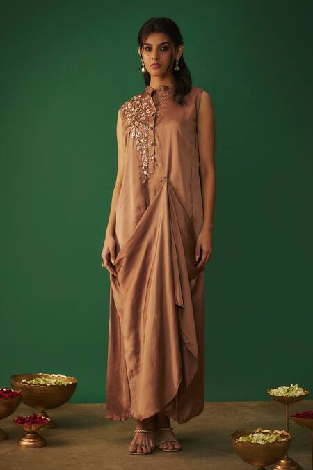 Mehak Murpana_Beige Satin Embroidery Mandarin Collar Mukaish Draped Gown _Online_at_Aza_Fashions