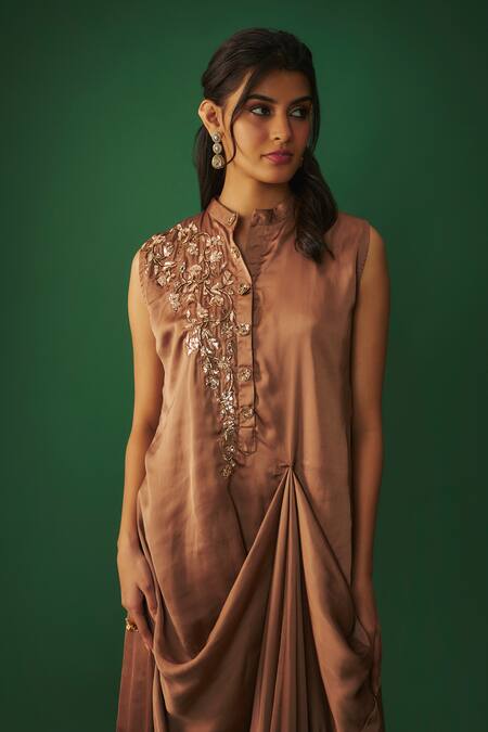 Buy_Mehak Murpana_Beige Satin Embroidery Mandarin Collar Mukaish Draped Gown _Online_at_Aza_Fashions
